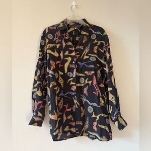 Tina Hagen Vintage Shirt Blouse Colorful Shoe Butterfly & Daisy Print Small